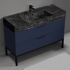 Modern Bathroom Vanity, Blue, 48 inch, Black Marble Style Sink, Free Standing
